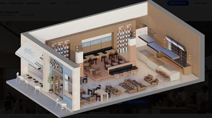 3d isometric cafe interior, coworking, study space, midcentury furniture render