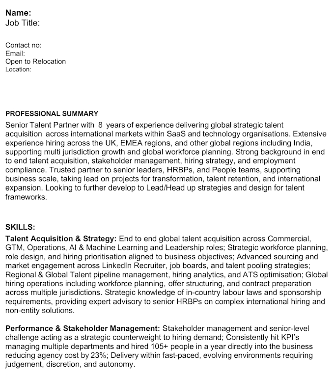 write an executive CV applying my 8 years global talent partner experience