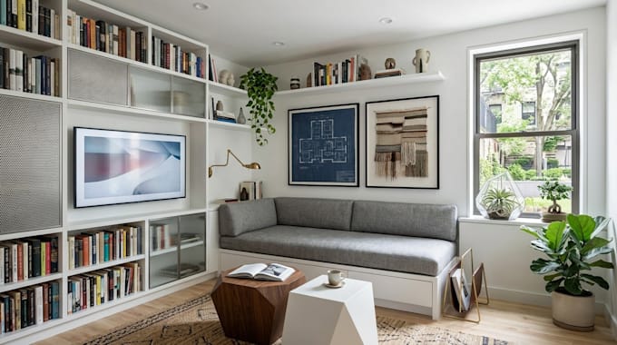 create compact apartment small space interior design with furniture layout plan