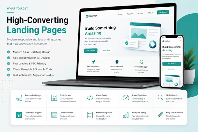 build a responsive react, angular or nextjs landing page