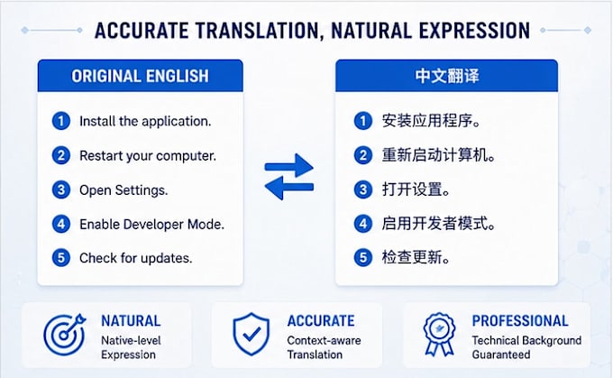 translate technical documents, websites, and apps between english and chinese