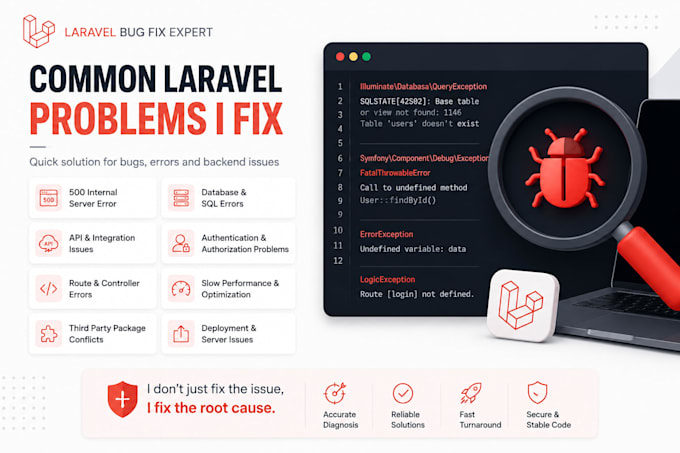 fix laravel bugs, errors, API and backend issues