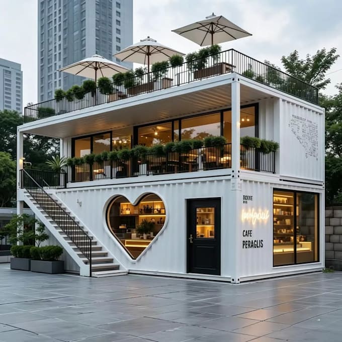 create realistic shipping container home and cafe design