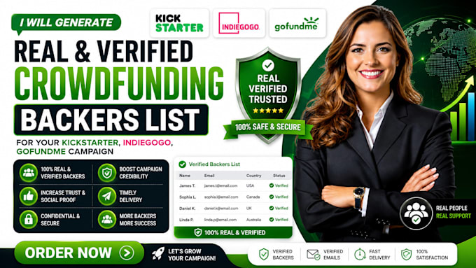 provide verified crowdfunding backers list for kickstarter indiegogo gofundme