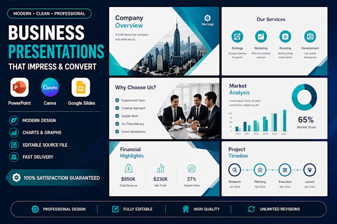 design a modern powerpoint presentation, pitch deck, and google slides