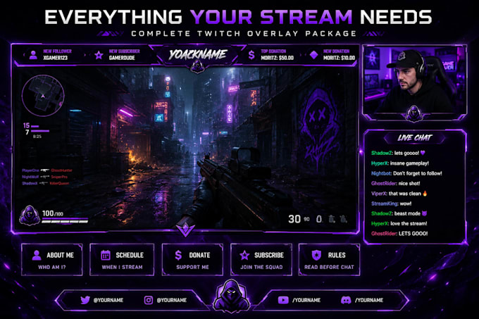 design a professional twitch overlay stream package