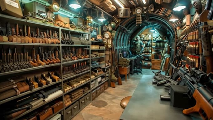 remodel private 3d interior gun shop design, tactical weapon store, 3d rendering