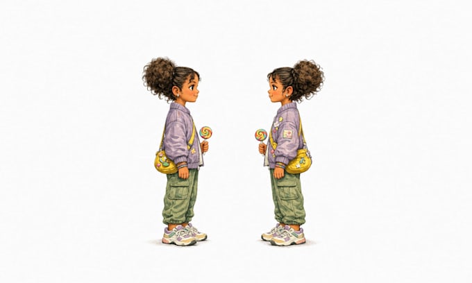 do unique children characters with turnaround, expression and pose sheet