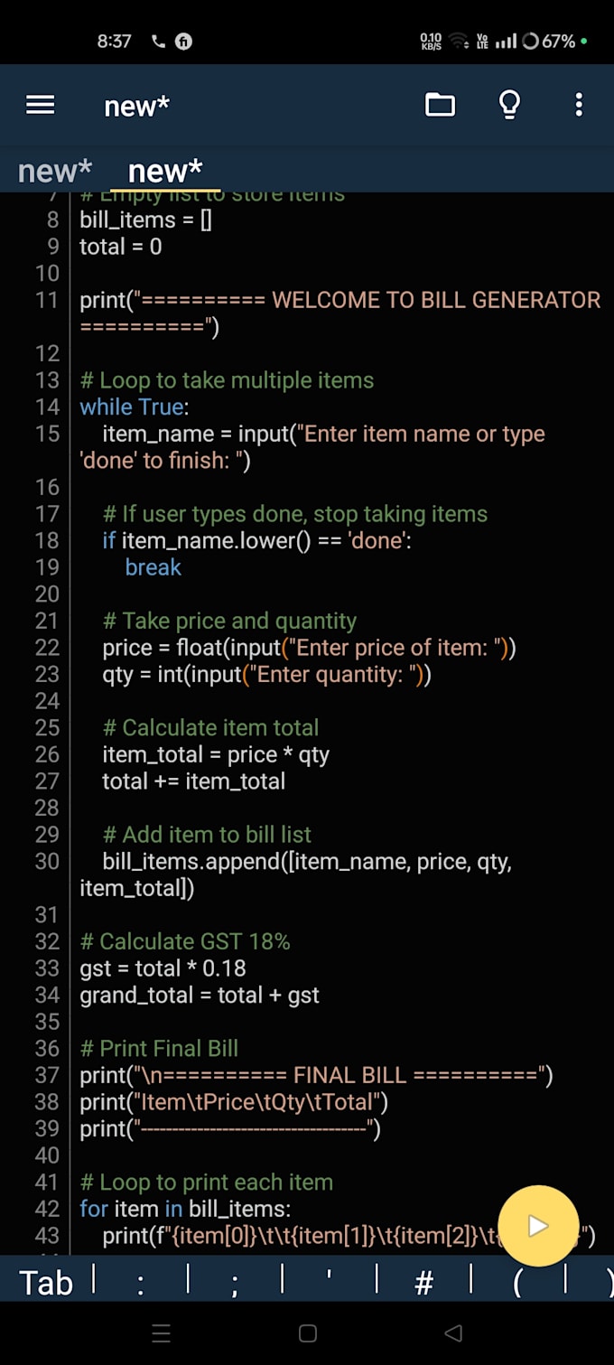 develop python calculator automation and billing system