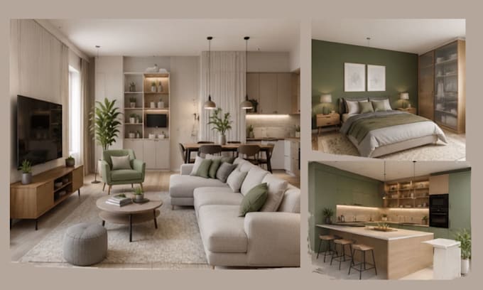 design ikea apartment interior, kitchen, bedroom with realistic 3d render