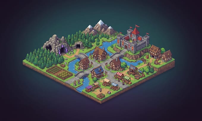 do isometric tileset and tilemap, isometric 2d game map rpg pixel map game asset