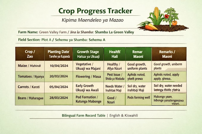 create bilingual farm record tables and management sheets