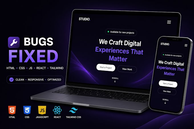 fix HTML, CSS, javascript, react and tailwind CSS bugs