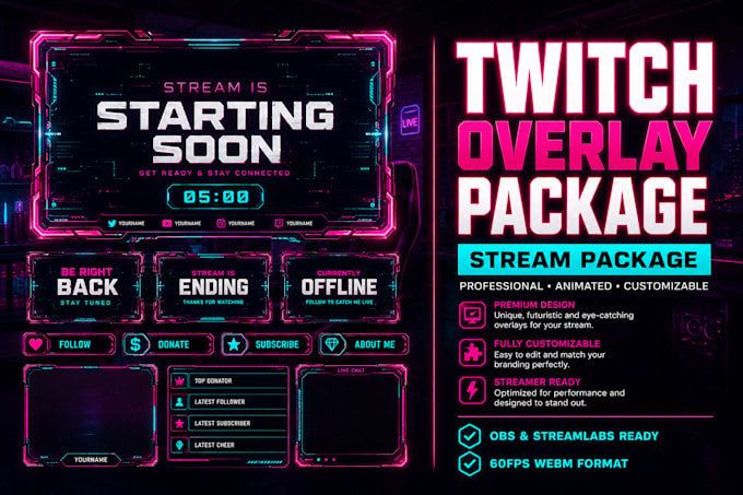 design premium cyberpunk twitch overlays and retro synthwave stream packages