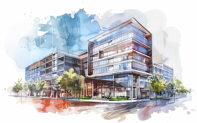 sketch architecture building with watercolor rendering