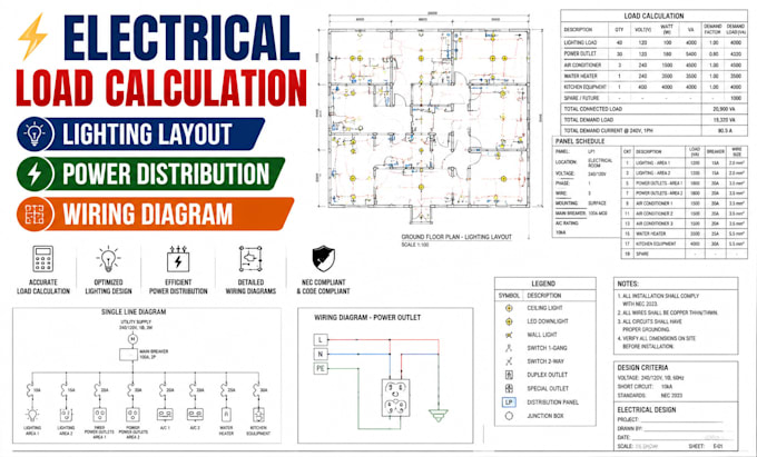 electrical load calculation lighting layout power distribution wiring diagram