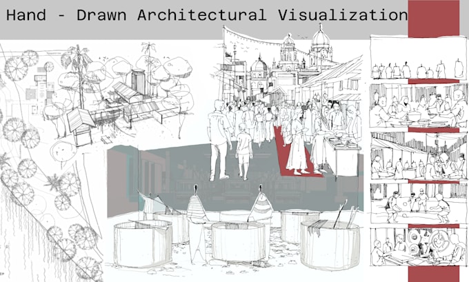 hand draw architectural perspective sketches, exterior and interior