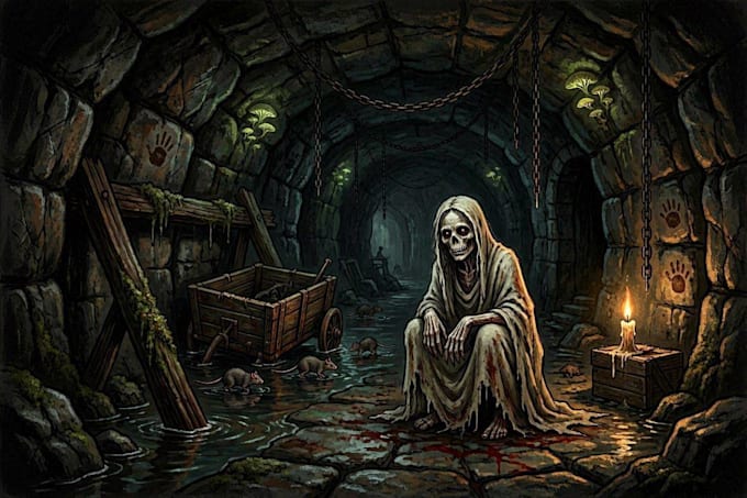 create a dark, horror, underground art illustration