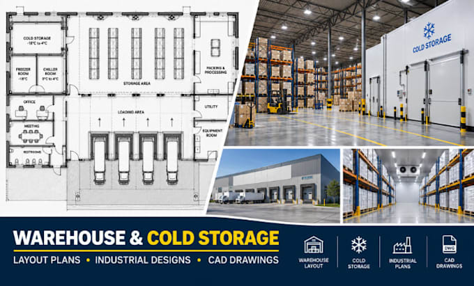 design warehouse layouts, cold storage plans, industrial floor plans cad drawing
