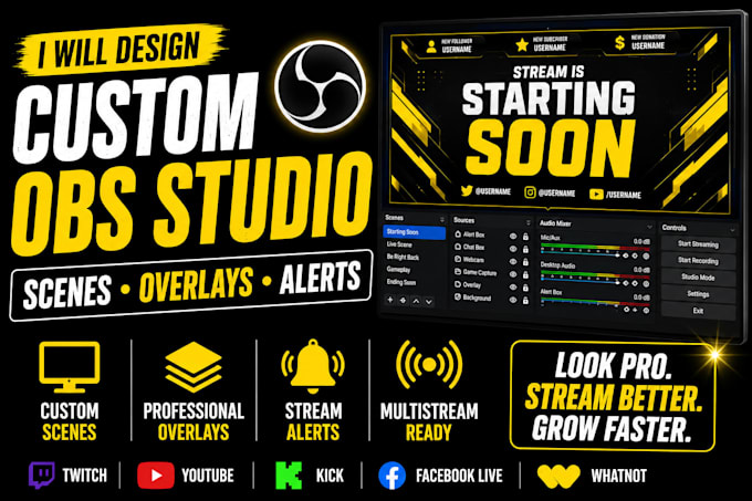design custom obs studio scenes, overlays and alerts for multistreaming