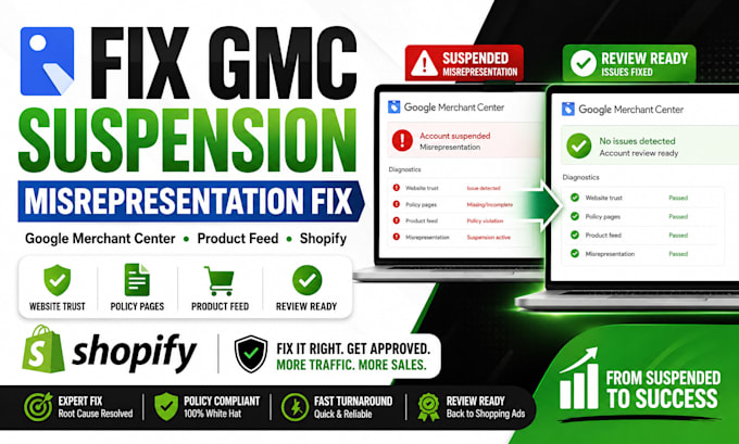 fix google merchant center suspension, misrepresentation and product feed issues