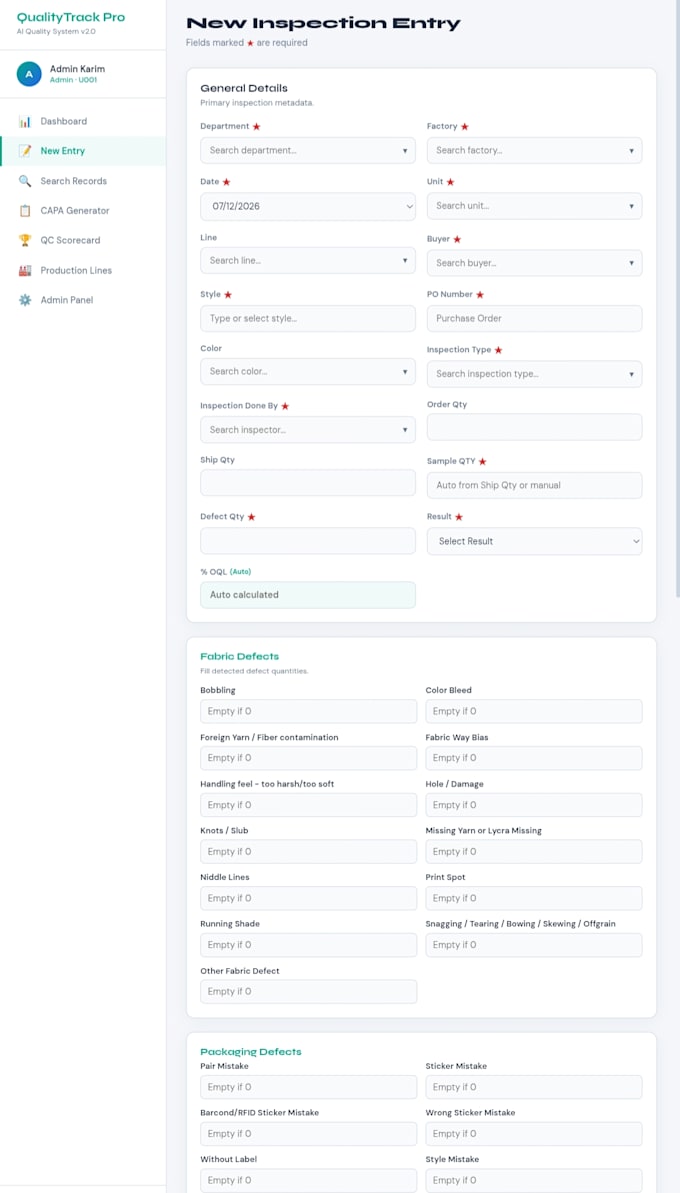 develop a quality management web app with live dashboard