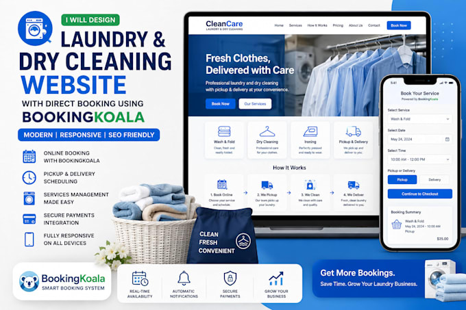laundry dry cleaning laundromat website with direct booking using booking koala
