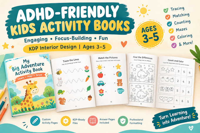 design a KDP activity book interior for kids with adhd attention challenges