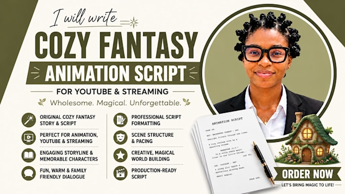 write cozy fantasy animated short script for youtube streaming platforms