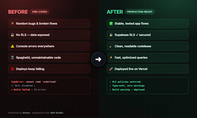 fix and stabilize your vibe coded nextjs and supabase app