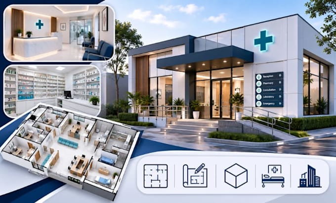 design medical clinic, pharmacy floor plan 3d rendering