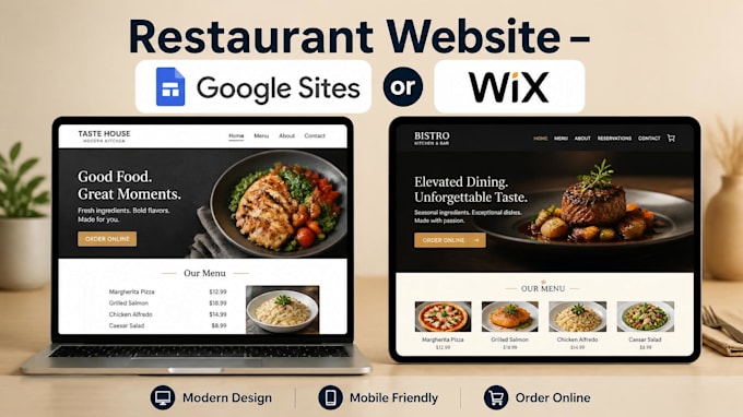 google sites or wix restaurant website design with online ordering food delivery