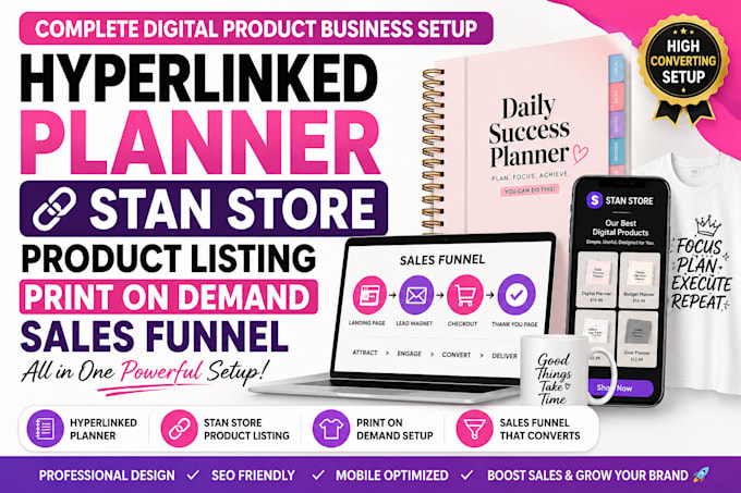 hyperlinked planner stan store products listing print on demand sales funnel
