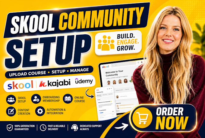 skool community setup, upload online course, kajabi, thinkific