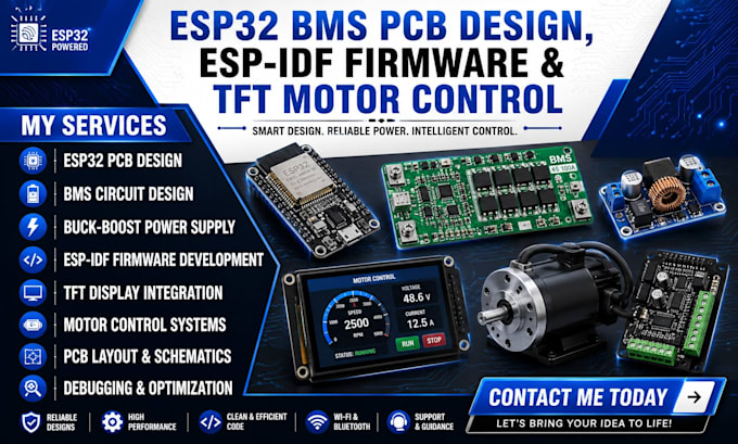 esp32 bms pcb design, buck boost power, esp idf firmware and tft motor control