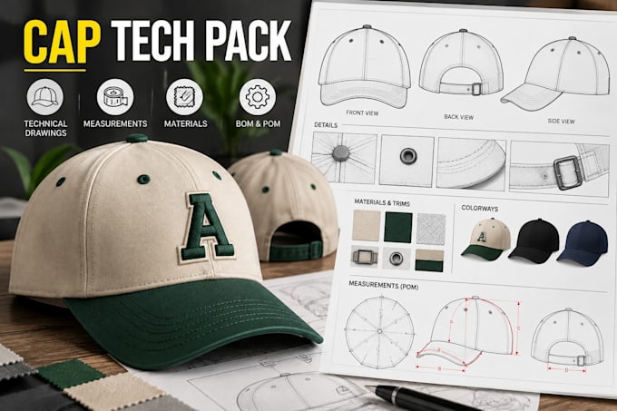 design custom caps, hats, beanies and balacalvas with tech packs and mockup