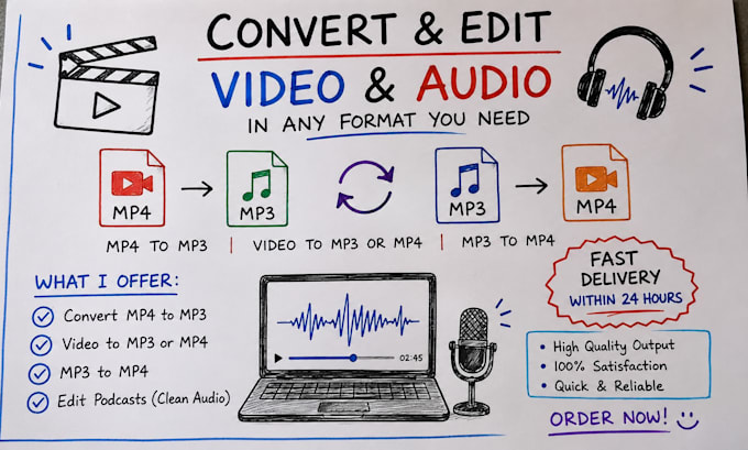 convert video to mp3, mp4 and other formats within 24 hours