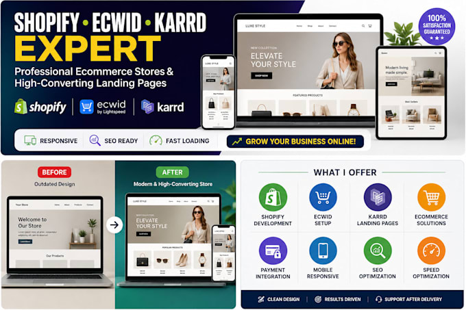 build shopify ecwid store and karrd landing page