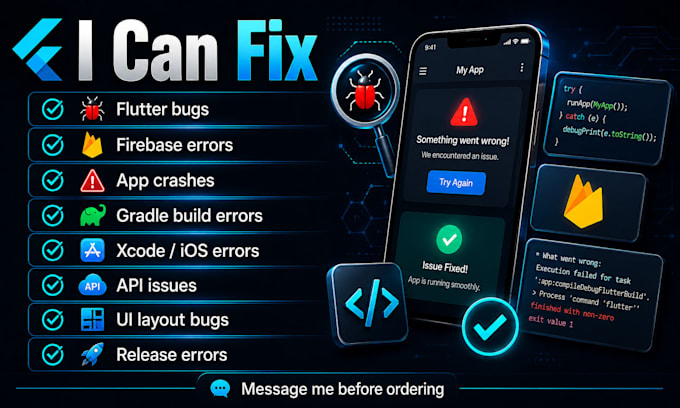 fix flutter firebase bugs, build errors and app crashes