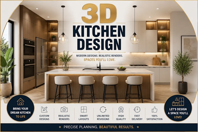 design 3d kitchen, modern kitchen interior and 3d rendering using 2020 software