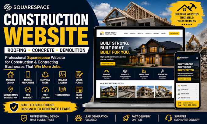 build squarespace construction website roofing website concrete demolition site
