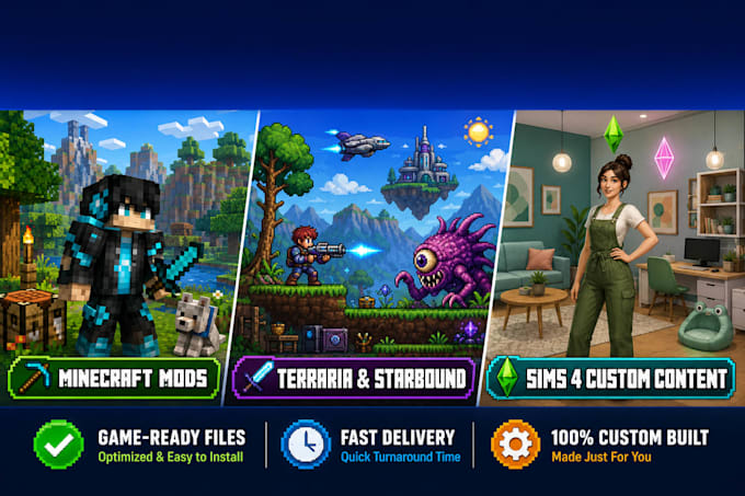 mod minecraft, terraria, starbound, and sims 4 with custom skins, maps