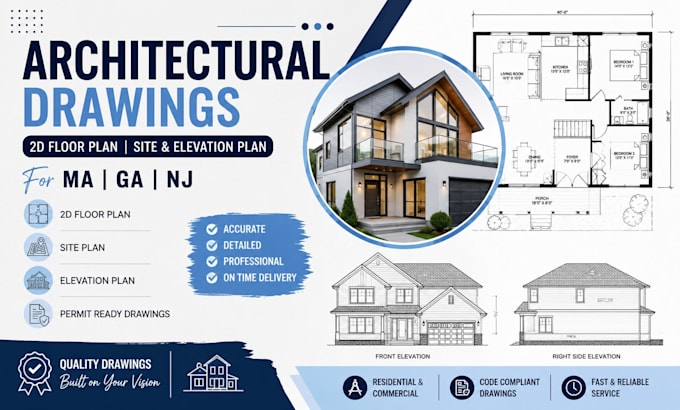 do 2d floor plan, site elevation plan, architectural drawing for ma ga nj