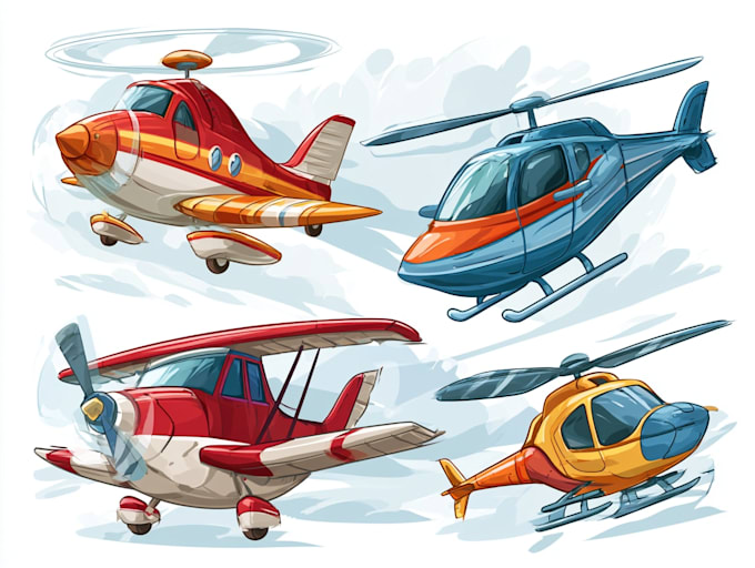 draw aircraft, airplane, helicopter into a vector cartoon