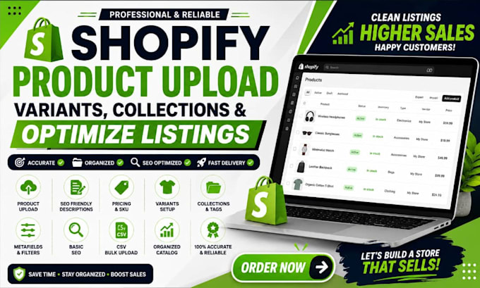 upload shopify products, variants, collections and optimize product listings