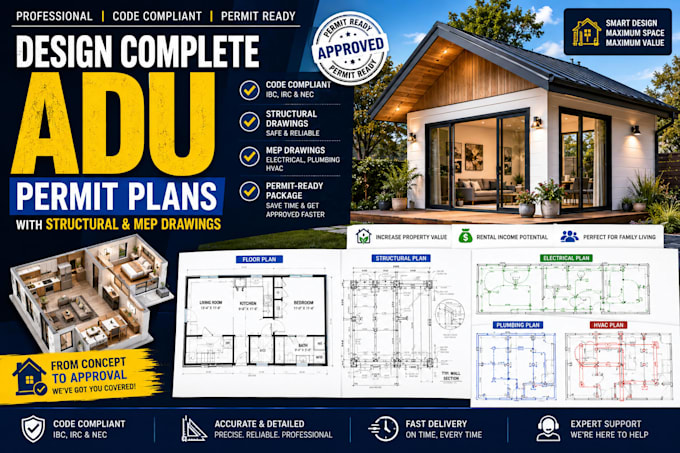 design complete adu permit plans with structural and mep drawings
