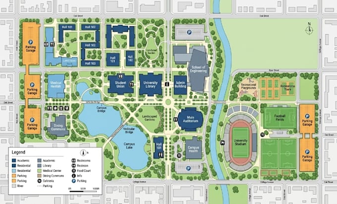 design 2d 3d vector map campus map school map university facility wayfinding map