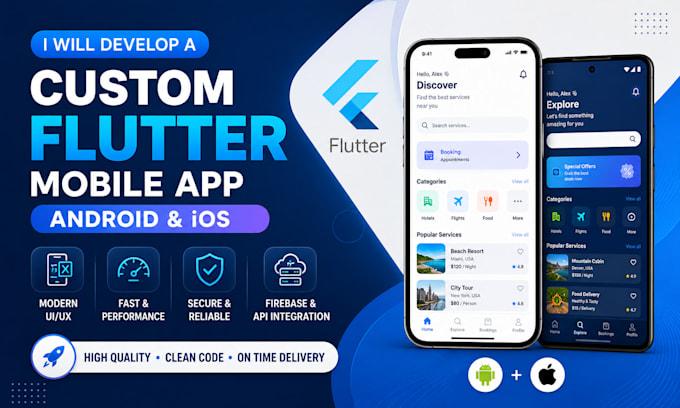 develop a custom flutter mobile app for android and ios