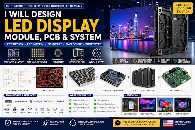 design led display module pcb, rgb smd matrix firmware enclosure and prototype