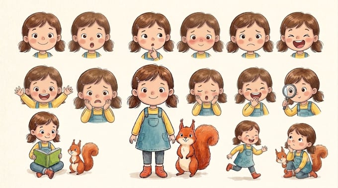 design adorable childrens book characters with consistent poses